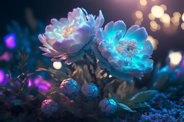 Fototapeta na wymiar The beautiful colorful flowers bloom in the shimmering night light. Generative AI.