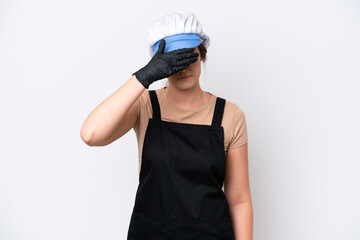 Fishmonger brazilian woman wearing an apron isolated on white background covering eyes by hands. Do not want to see something