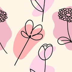 Flowers with colorful brush seamless pattern in flat doodle cartoon style. Vector seamless wallpaper with white background.