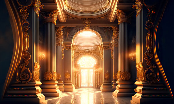 A realistic fantasy interior of the palace. golden palace. castle interior. Fiction Backdrop. concept art.	