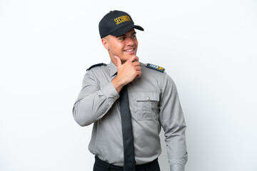 Young caucasian security man isolated on white background looking to the side
