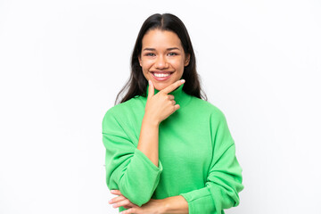 Young Colombian woman isolated on white background happy and smiling