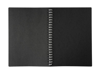 open notebook with metal spiral and black blank pages isolated on white