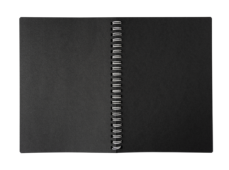 open notebook with metal spiral and black blank pages isolated on white