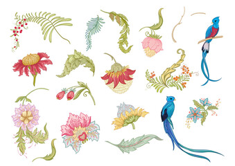 Fantasy flowers with bird of paradise quezal, in retro, vintage, jacobean embroidery style. Clip art, set of elements for design Vector illustration.