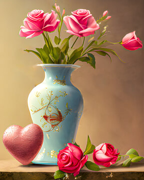 pink roses in a vase and hearts valentine still-life. Illustration. generative ai