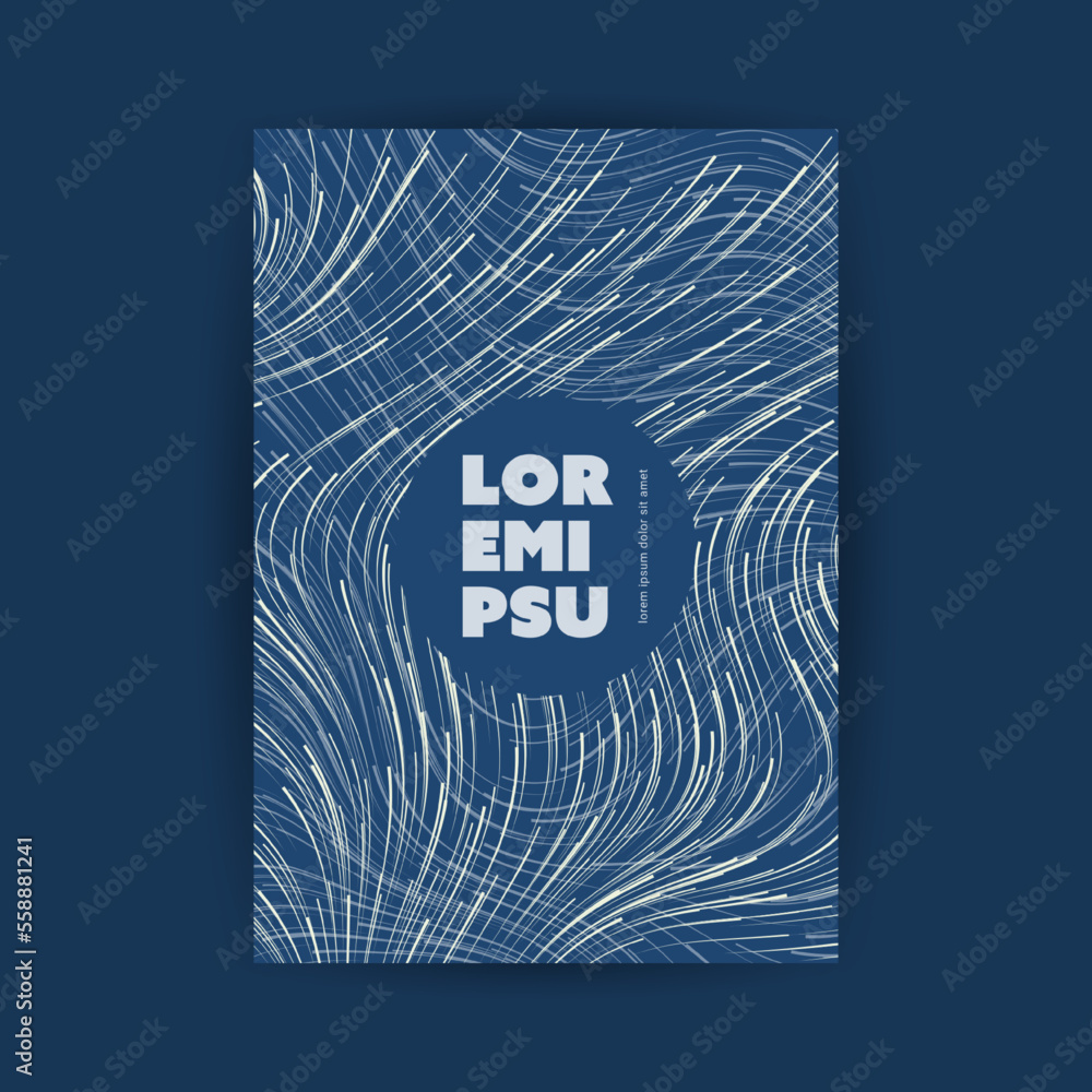 Poster blue and white moving, flowing stream of particles in curving, wavy lines - digitally generated futu