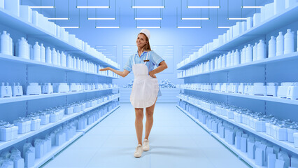 Happy beautiful young woman, saleswoman in dairy department of store in retro style uniform posing...