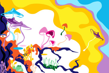 Different fantasy psychedelic colorful mushrooms with eyes on multi-colored background. Vector illustration.