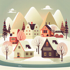 Winter landscape. The village in the forest in Flat design. AI generated