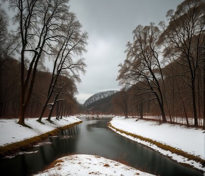 beautiful landscape with river and snow