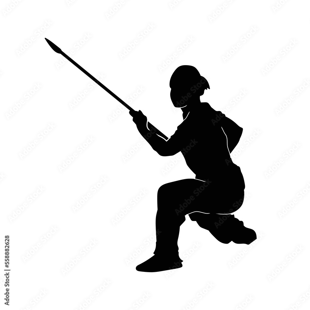 Wall mural Martial art athlete holds spear vector black silhouette.