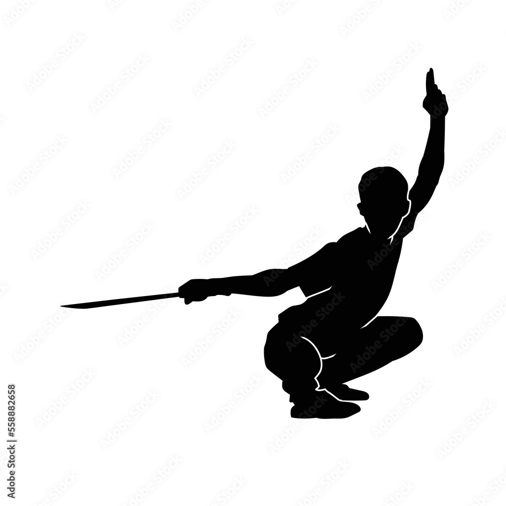 Wall mural Martial art athlete holds sword vector black silhouette.