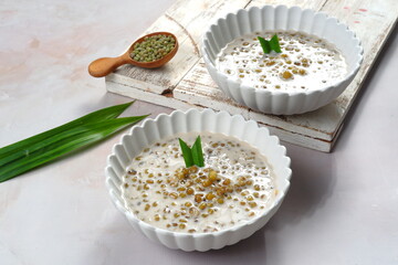 Fototapeta na wymiar Indonesian traditional dessert.Bubur kacang ijo or Mungbean Porridge,serven in a bowl with coconut milk.