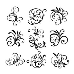 Set oriental vector damask black patterns. Baroque Scroll as Element of Ornament and Graphic Design. Use for greeting cards and wedding invitations.