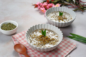 Indonesian traditional dessert.Bubur kacang ijo or Mungbean Porridge,serven in a bowl with coconut milk.