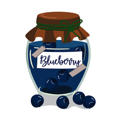A jar of blueberry jam is a cute vector illustration. Vintage glass container with jelly and berry label. Cute vector illustration for printing on textiles and paper