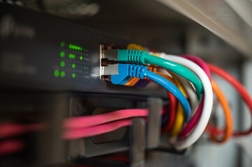 Patch panel and switch with colorful LAN cables in a network cabinet of a data center
