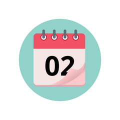 Calendar icon with bent edge effect, diary marking day 02.