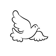 Line art dove. Flying pigeon logo drawing. Black and white vector illustration.