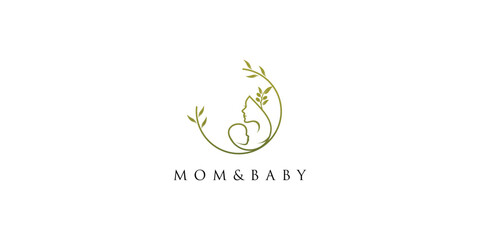 Mom and baby logo with olive element design icon vector illustration