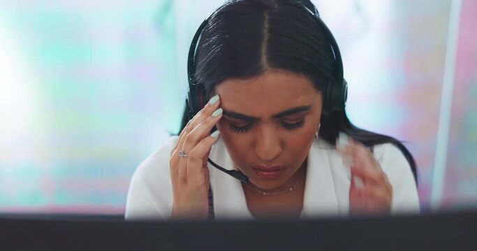 Stress, headache or woman in a call center with burnout exhausted by sales deadline pressure at help desk. Migraine pain, customer services or sick Indian telemarketing agent networking in office