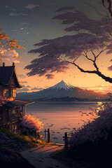 Fototapeta na wymiar A beautiful landscape with a sunset in a Japanese village