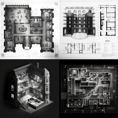 Two-dimensional plan of the architect with the interior layout of the building in black and white