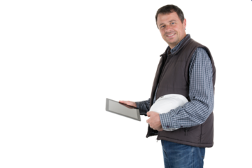Cheerful worker man construction site white helmet holding digital tablet in hands transparent png background image