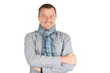 handsome man arms crossed with scarf looking at the camera in transparent png background image