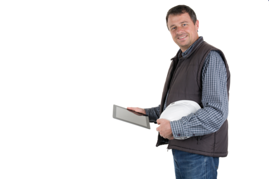 Cheerful worker man construction site white helmet holding digital tablet in hands transparent png background image - Powered by Adobe