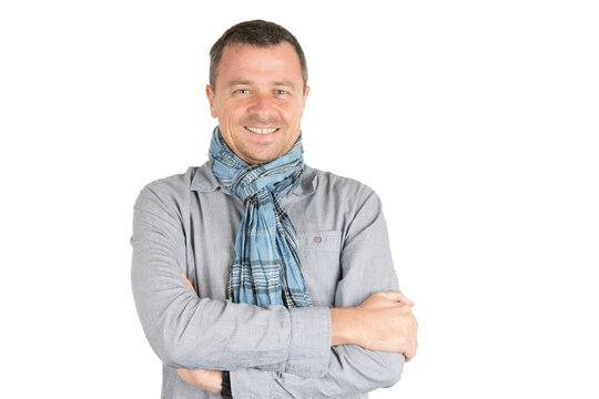 handsome man arms crossed with scarf looking at the camera in transparent png background image