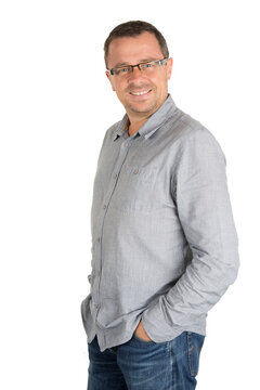 smiling man with glasses with blue shirt looking at the camera in transparent png background image