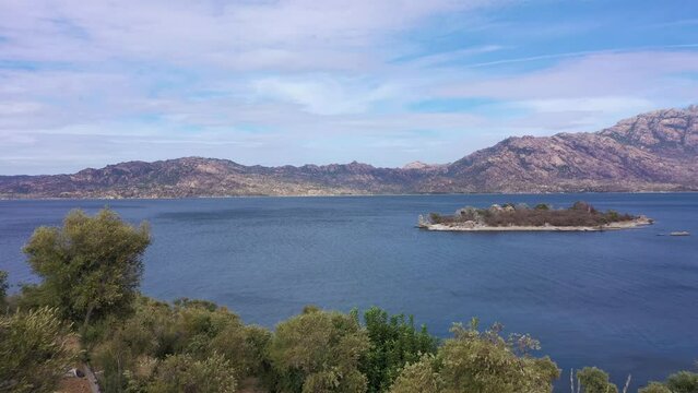 Lake Bafa. Aerial View. Turkey. Drone Flies Forward. Introduction Shot