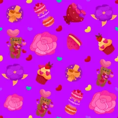 Fotobehang Vector romantic seamless pattern with hearts, gift box, flowers, sweets and macaroons  on a purple background. Ideal for wrapping paper, decor, textiles. © Zhamilya