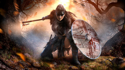 A creepy Viking woman with a bloody axe and shield in a low fighting stance is hiding in the forest in the rays of the sun, she is a demon with black eyes and mystical black tattoos.