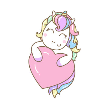 Cute, rainbow, kawaii unicorn is holding a heart. Children's fantasy theme. For the design of prints, posters, cards, stickers and so on. Vector illustration