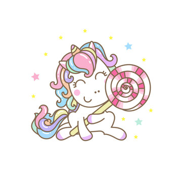 Cute kawaii unicorn with lollipop candy. Isolated image on a white background. For children's design of prints, posters, cards, stickers, badges and so on.Vector illustration