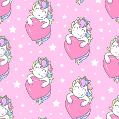 Obraz na płótnie Canvas Seamless pattern with unicorn and heart on a pink background. For fabric design, wallpapers, backgrounds, wrapping paper, scrapbooking.Vector