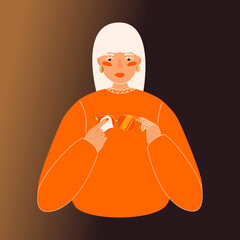 girl holding corrects glasses, wipes, poor eyesight, cute flat illustration, character, color, glass, optics