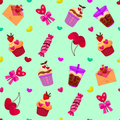 Vector romantic seamless pattern with hearts, berries, sweets and love letters on a green background. Ideal for wrapping paper, decor, textiles.