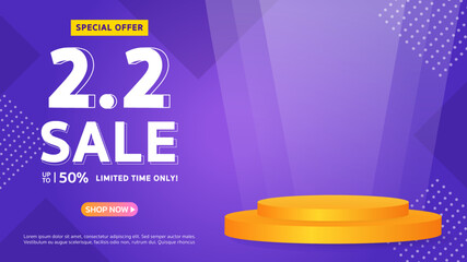 2.2 February Month Sale. Special offer Mega sale up to 50% off with podium. Banner background vector illustration