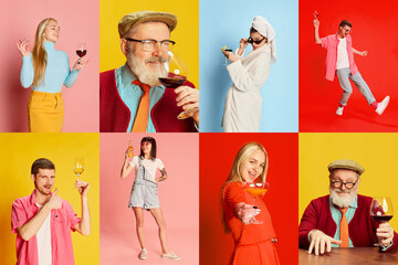 Collage. Stylish people, men and women posing, drinking delicious cocktail, wine over multicolored...