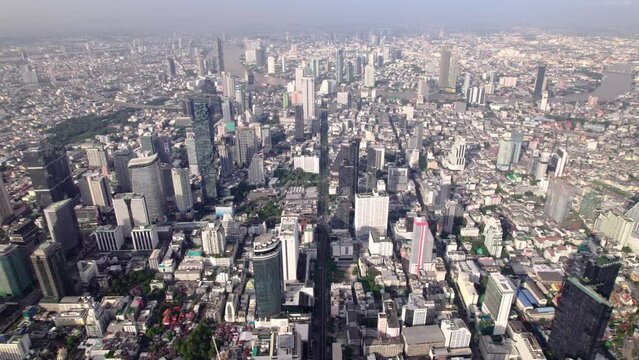 Fly over Bangkok, view of signature buildings, MahaNakon