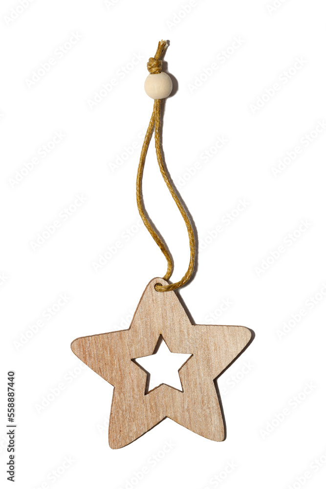 Poster wooden star on a string isolated on white background