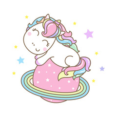 Cute kawaii unicorn on a pink planet with rainbow rings. Isolated illustration on a white background. For children's design of prints, posters, cards, stickers, badges and so on. Vector illustration