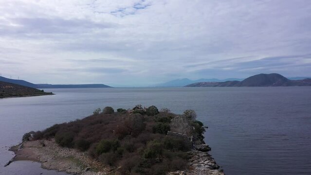 Lake Bafa. Aerial View. Turkey. Drone Flies Forward over the Island