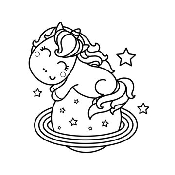 Funny kawaii unicorn on the planet with rings. Black and white linear image. Doodle style. For the design of coloring books, prints, posters, cards, stickers and so on. Vector