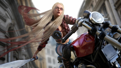 A beautiful girl on red motorcycle with very long blonde hair in an extreme pose rides around the city with a bat in her hands, she has a lean body, leather jacket and denim shorts. 2d art