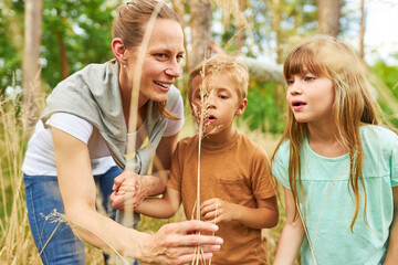 Woman with kids blowing at dried plant hiking in summer